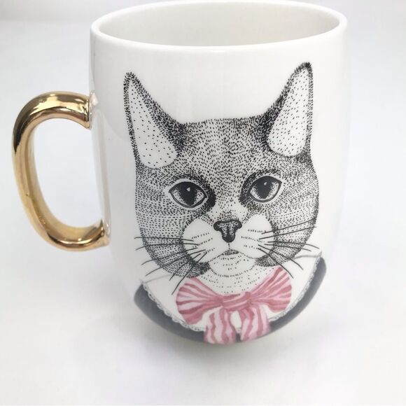 Pier 1 Fancy Cat Black White Pink Stripe Bow Double Sided Graphic China Mug - Picture 1 of 13
